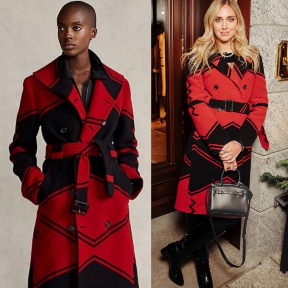 NWT Polo by Ralph Lauren Carlyn Double Breasted Wool Coat Red Black